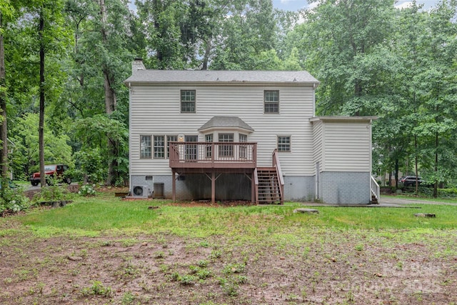 14027 Hackamore Dr, Matthews, NC 28105 - back of house with a deck, stairs, a chimney, and a yard