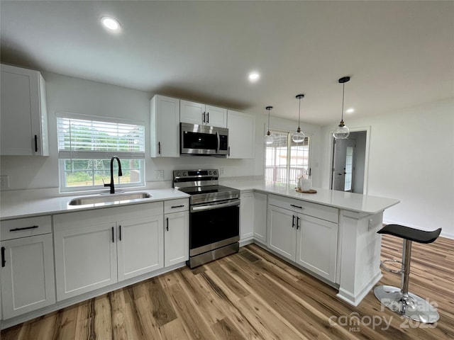 117 Autumn Woods Dr, Kings Mountain, NC 28086 - kitchen with stainless steel appliances, a sink, light wood-type flooring, light countertops, and a peninsula