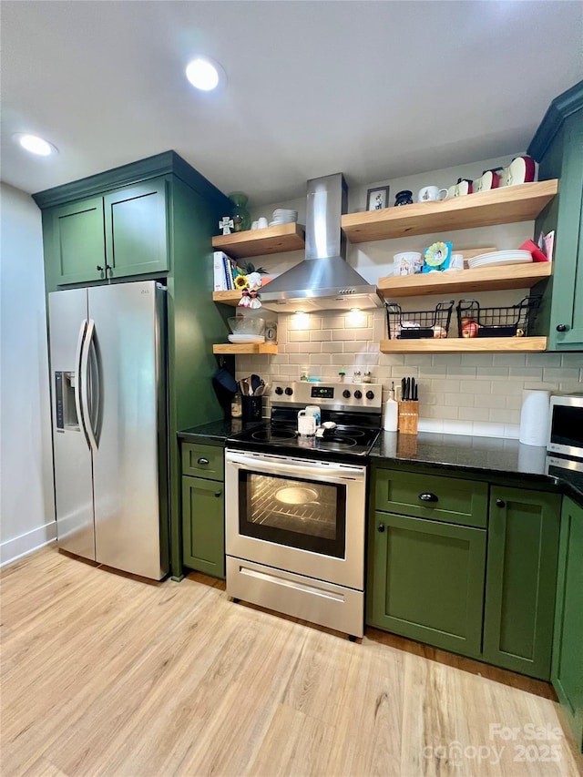 7133 Church Rd, Taylorsville, NC 28681 - kitchen with green cabinetry, appliances with stainless steel finishes, island exhaust hood, and recessed lighting