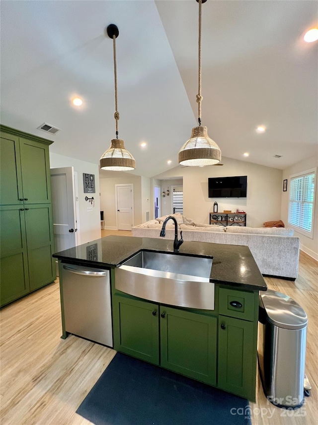 7133 Church Rd, Taylorsville, NC 28681 - kitchen with green cabinets, stainless steel dishwasher, open floor plan, a sink, and lofted ceiling