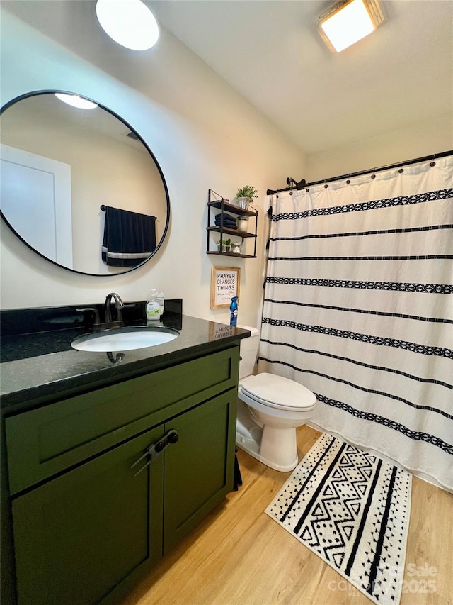 7133 Church Rd, Taylorsville, NC 28681 - full bathroom featuring wood finished floors, toilet, vanity, and a shower with shower curtain