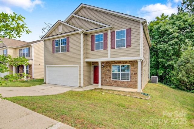 5311 Oakdale Ridge Rd, Charlotte, NC 28216 - view of front facade with cooling unit, concrete driveway, a garage, stone siding, and a front lawn