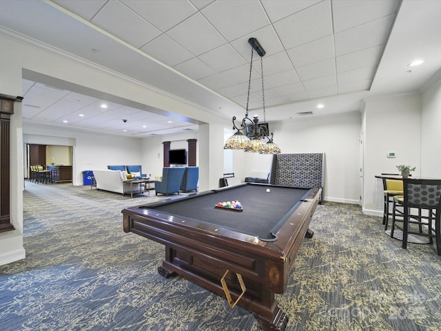 300 W 5th St Unit 339, Charlotte, NC 28202 - playroom with carpet floors, billiards, baseboards, crown molding, and recessed lighting