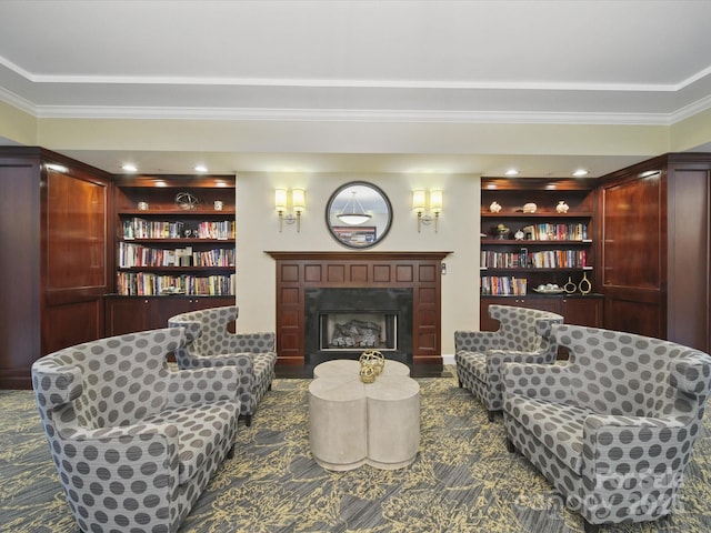 300 W 5th St Unit 339, Charlotte, NC 28202 - living area with ornamental molding, a fireplace, and built in features