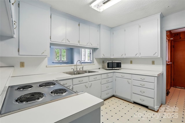6900 Ridge Lane Rd, Charlotte, NC 28262 - kitchen featuring a sink, stainless steel microwave, range, light countertops, and white cabinets