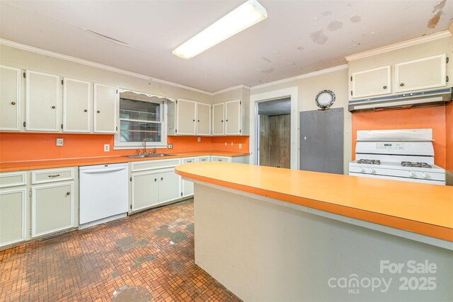 520 Eastwood Park Cir, Albemarle, NC 28001 - kitchen featuring white appliances, under cabinet range hood, a sink, ornamental molding, and light countertops