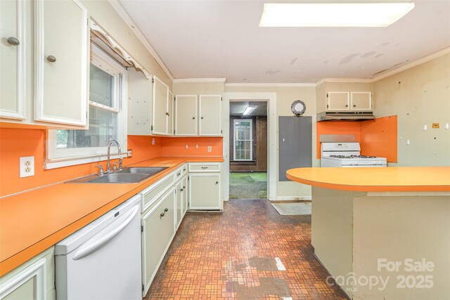 520 Eastwood Park Cir, Albemarle, NC 28001 - kitchen with white appliances, under cabinet range hood, a sink, ornamental molding, and light countertops