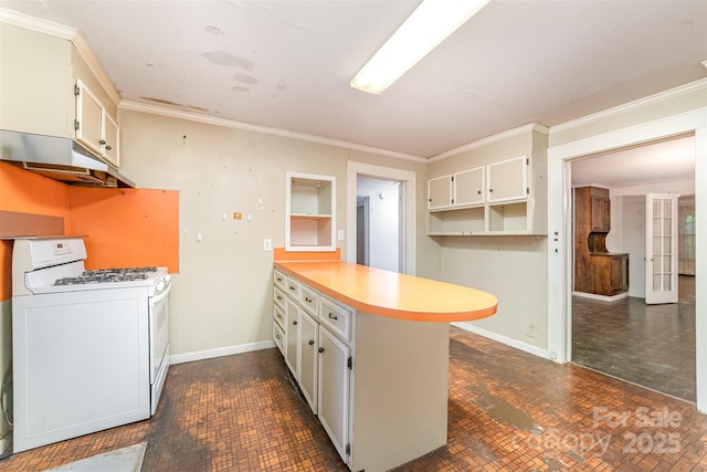 520 Eastwood Park Cir, Albemarle, NC 28001 - kitchen featuring white range with gas stovetop, a peninsula, under cabinet range hood, ornamental molding, and baseboards