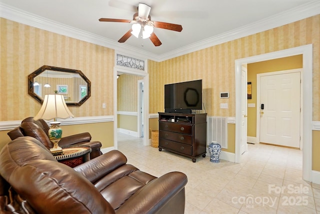 102 Rosewood Ln, Locust, NC 28097 - tiled living room with ornamental molding, wallpapered walls, a ceiling fan, and baseboards