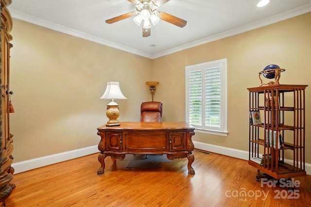102 Rosewood Ln, Locust, NC 28097 - home office featuring light wood-type flooring, ceiling fan, baseboards, crown molding, and recessed lighting