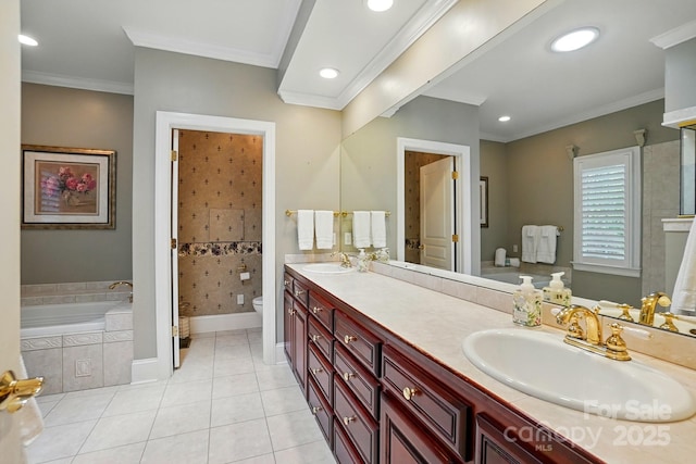 102 Rosewood Ln, Locust, NC 28097 - bathroom with toilet, double vanity, a garden tub, crown molding, and tiled shower
