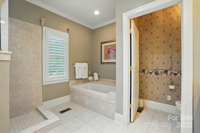 102 Rosewood Ln, Locust, NC 28097 - full bathroom featuring a garden tub, tile patterned floors, ornamental molding, toilet, and baseboards