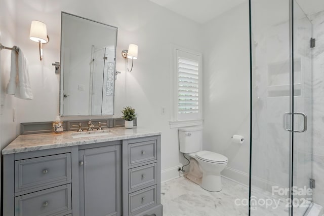 102 Rosewood Ln, Locust, NC 28097 - full bathroom with toilet, baseboards, vanity, a shower stall, and marble look tile flooring