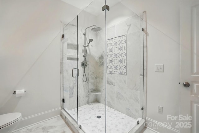 102 Rosewood Ln, Locust, NC 28097 - full bath featuring a stall shower, baseboards, marble look tile flooring, and toilet