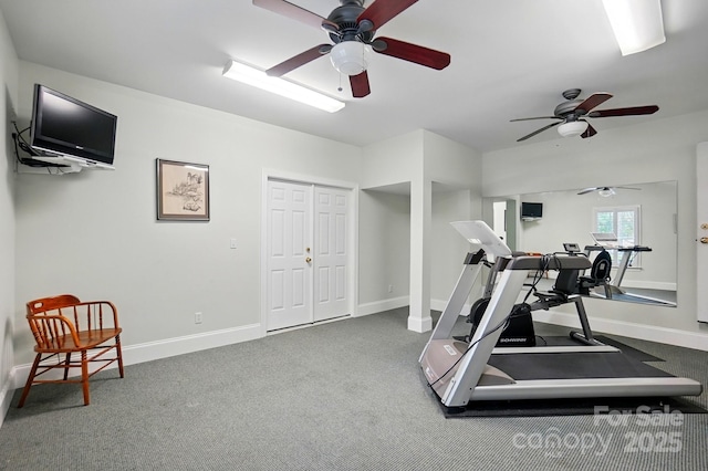102 Rosewood Ln, Locust, NC 28097 - exercise area featuring ceiling fan, baseboards, and carpet flooring