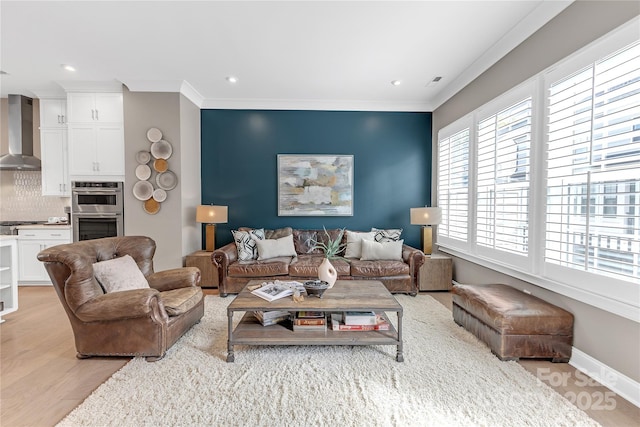 5060 Harrowsmith Ln, Charlotte, NC 28204 - living area with light wood-type flooring, crown molding, recessed lighting, and baseboards