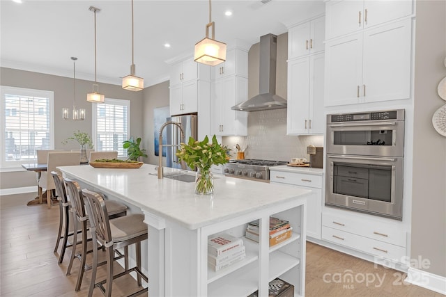 5060 Harrowsmith Ln, Charlotte, NC 28204 - kitchen featuring wall chimney exhaust hood, appliances with stainless steel finishes, a sink, open shelves, and backsplash