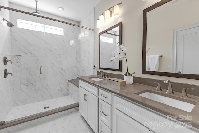 5060 Harrowsmith Ln, Charlotte, NC 28204 - bathroom with marble look tile flooring, double vanity, and a marble finish shower