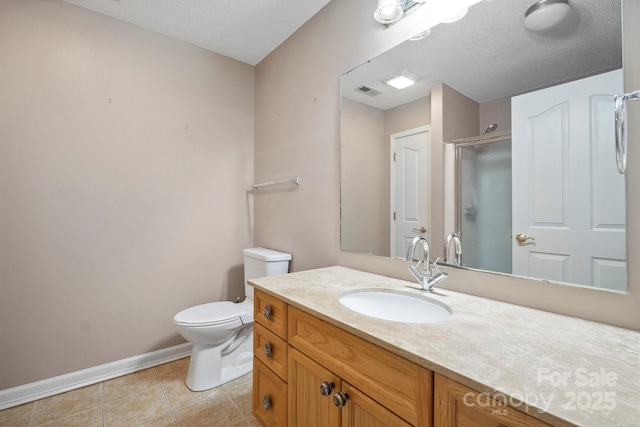 119 Ashwood Ln, Mooresville, NC 28117 - bathroom featuring a stall shower, vanity, tile patterned flooring, and a textured ceiling