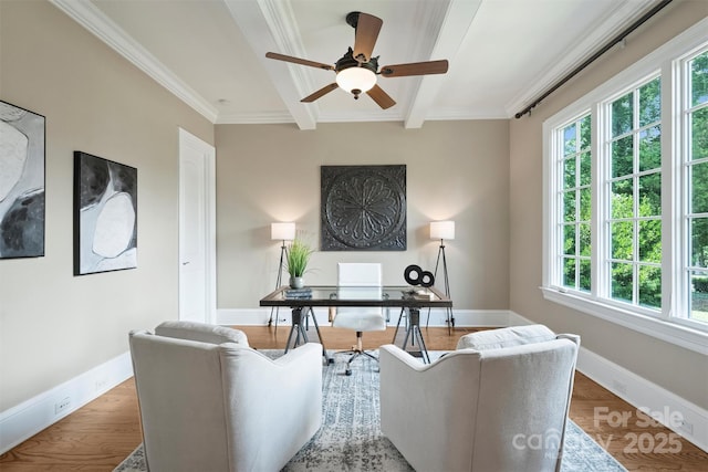 3032 Kings Manor Dr, Matthews, NC 28104 - living room featuring healthy amount of natural light, ceiling fan, beamed ceiling, crown molding, and wood finished floors