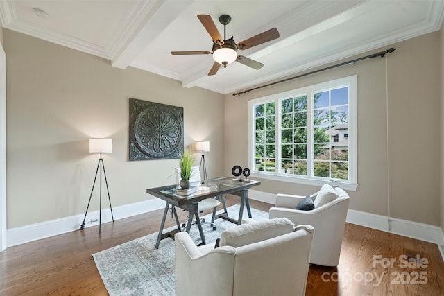 3032 Kings Manor Dr, Matthews, NC 28104 - office featuring ceiling fan, beam ceiling, crown molding, and wood finished floors