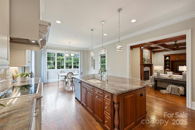 3032 Kings Manor Dr, Matthews, NC 28104 - kitchen featuring a fireplace, brown cabinets, dishwasher, wood finished floors, and coffered ceiling