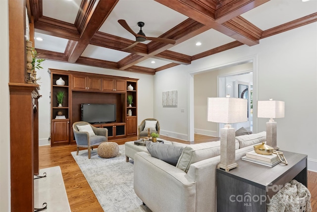 3032 Kings Manor Dr, Matthews, NC 28104 - living room with a ceiling fan, beamed ceiling, light wood-type flooring, coffered ceiling, and recessed lighting