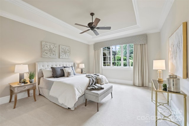 3032 Kings Manor Dr, Matthews, NC 28104 - bedroom with a raised ceiling, crown molding, light carpet, and ceiling fan