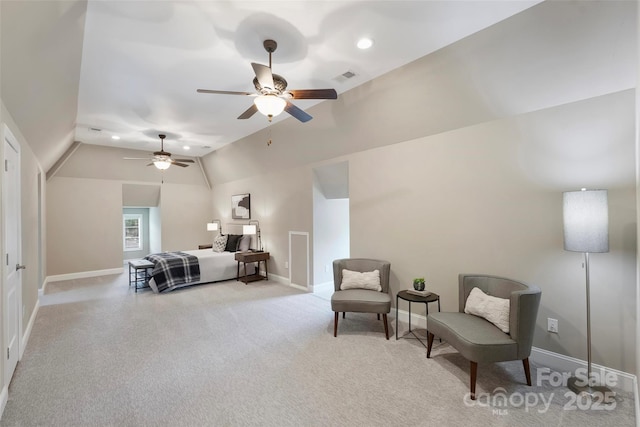 3032 Kings Manor Dr, Matthews, NC 28104 - carpeted bedroom featuring vaulted ceiling, a ceiling fan, and recessed lighting