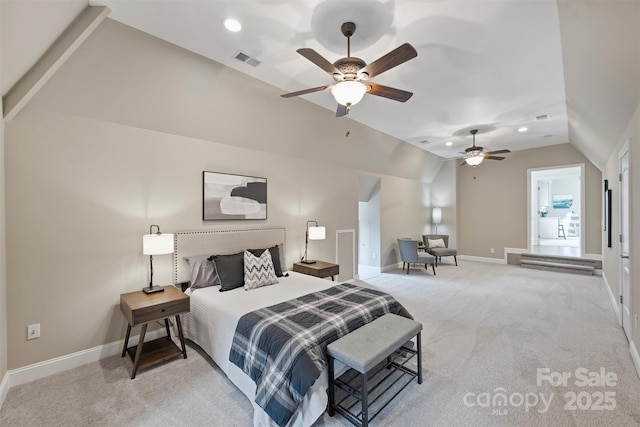3032 Kings Manor Dr, Matthews, NC 28104 - bedroom featuring vaulted ceiling, carpet floors, recessed lighting, and a ceiling fan