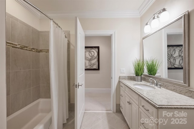 3032 Kings Manor Dr, Matthews, NC 28104 - full bathroom featuring ornamental molding, vanity, shower / bathtub combination with curtain, and tile patterned flooring