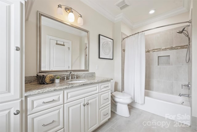 3032 Kings Manor Dr, Matthews, NC 28104 - bathroom with vanity, tile patterned floors, shower / bath combination with curtain, ornamental molding, and recessed lighting