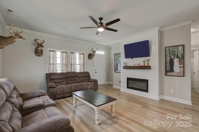 1202 Neds Creek Rd, Kershaw, SC 29067 - living room featuring crown molding, a ceiling fan, a fireplace, light wood-style floors, and baseboards