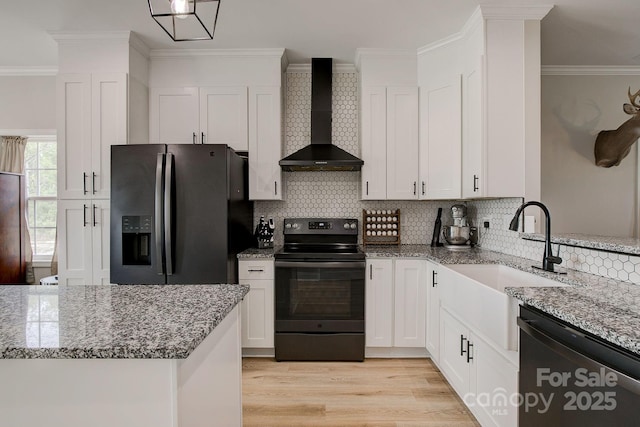 1202 Neds Creek Rd, Kershaw, SC 29067 - kitchen featuring stainless steel refrigerator with ice dispenser, black electric range, wall chimney range hood, dishwasher, and crown molding