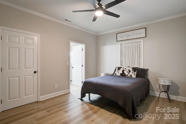 1202 Neds Creek Rd, Kershaw, SC 29067 - bedroom featuring light wood-type flooring, ornamental molding, baseboards, and ceiling fan