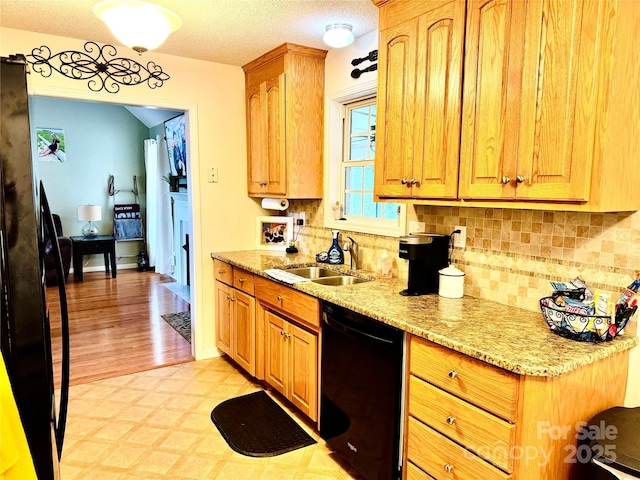 104 Laura Ct, Cherryville, NC 28021 - kitchen with black appliances, tasteful backsplash, light stone countertops, and a textured ceiling