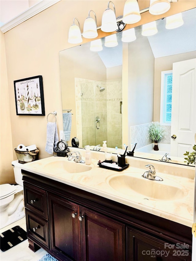104 Laura Ct, Cherryville, NC 28021 - full bath featuring a shower stall, double vanity, and lofted ceiling