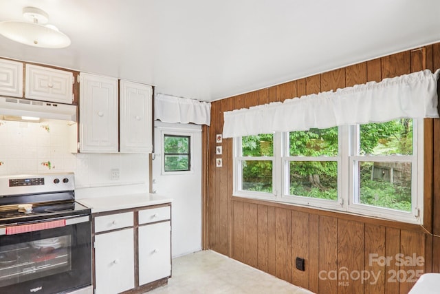 68 Cornwell Dr, Waynesville, NC 28786 - kitchen featuring stainless steel electric range oven, under cabinet range hood, light countertops, wooden walls, and backsplash