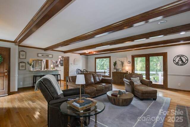 325 Chapman St, Chesterfield, SC 29709 - living room featuring baseboards, beam ceiling, hardwood / wood-style floors, and ornamental molding