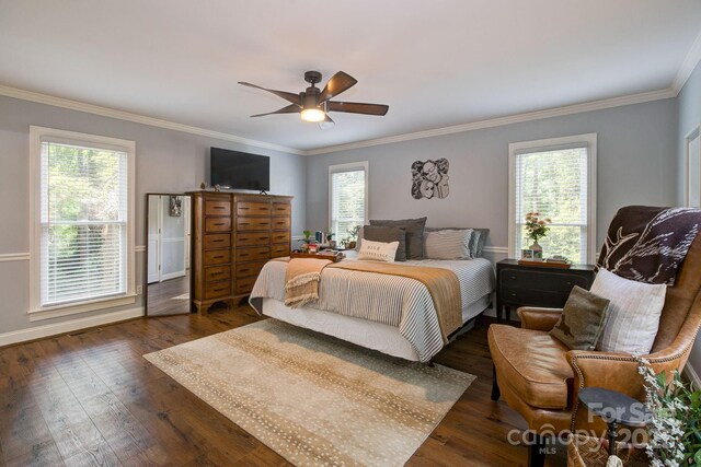 325 Chapman St, Chesterfield, SC 29709 - bedroom featuring ornamental molding, dark wood-style floors, ceiling fan, and baseboards
