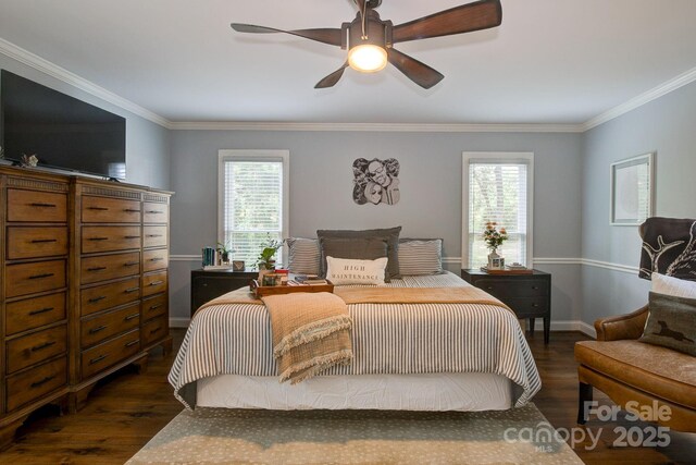 325 Chapman St, Chesterfield, SC 29709 - bedroom featuring dark wood-type flooring, multiple windows, crown molding, baseboards, and ceiling fan
