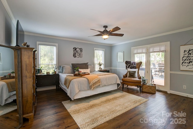 325 Chapman St, Chesterfield, SC 29709 - bedroom with access to exterior, dark wood-style floors, ornamental molding, baseboards, and ceiling fan