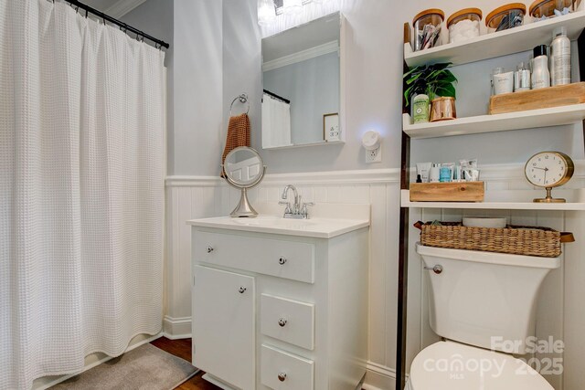 325 Chapman St, Chesterfield, SC 29709 - full bathroom with ornamental molding, vanity, wainscoting, toilet, and curtained shower