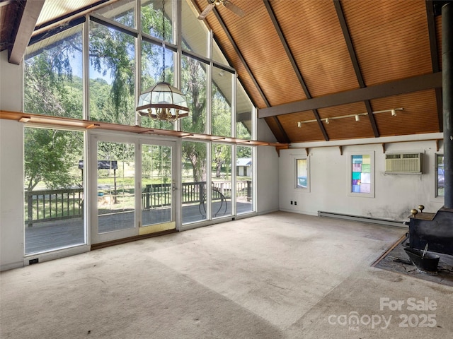 272 Pinners Cove Rd, Asheville, NC 28803 - unfurnished living room featuring a baseboard radiator, high vaulted ceiling, a wood stove, carpet, and beamed ceiling