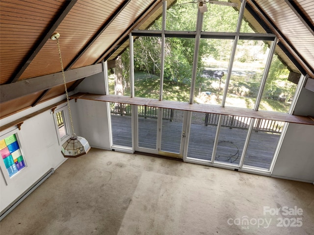 272 Pinners Cove Rd, Asheville, NC 28803 - unfurnished living room featuring a baseboard heating unit, lofted ceiling, and carpet floors