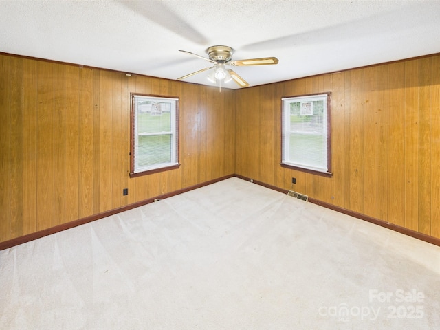 271 NC-16 Hwy N, Taylorsville, NC 28681 - carpeted spare room featuring a ceiling fan, wood walls, a textured ceiling, and baseboards