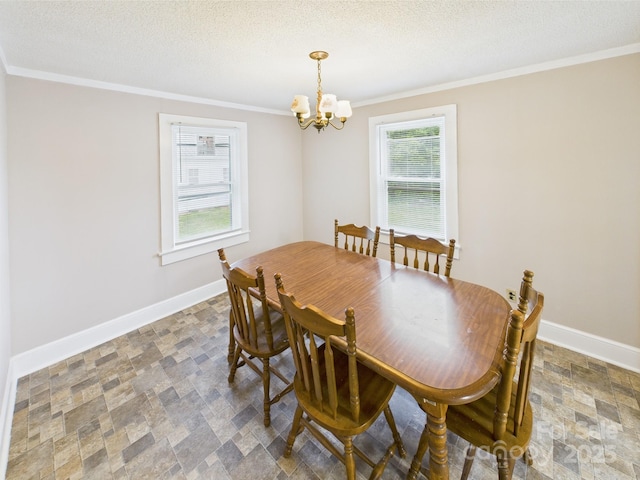 271 NC-16 Hwy N, Taylorsville, NC 28681 - dining room featuring ornamental molding, a chandelier, baseboards, stone finish floors, and a textured ceiling
