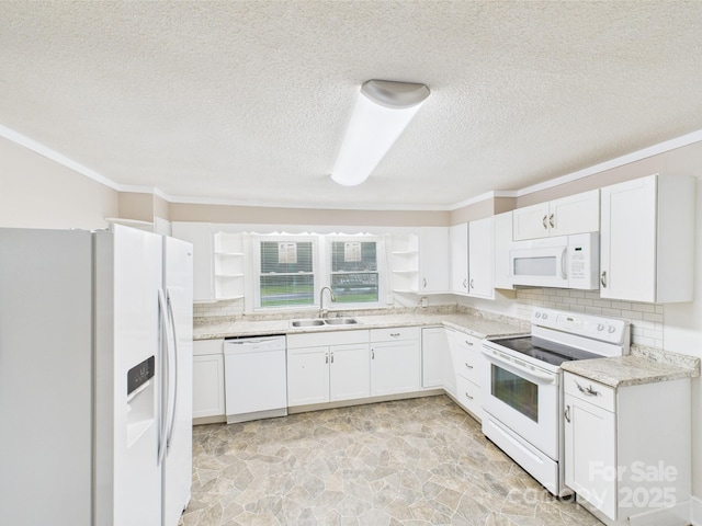 271 NC-16 Hwy N, Taylorsville, NC 28681 - kitchen featuring white appliances, a sink, open shelves, backsplash, and a textured ceiling