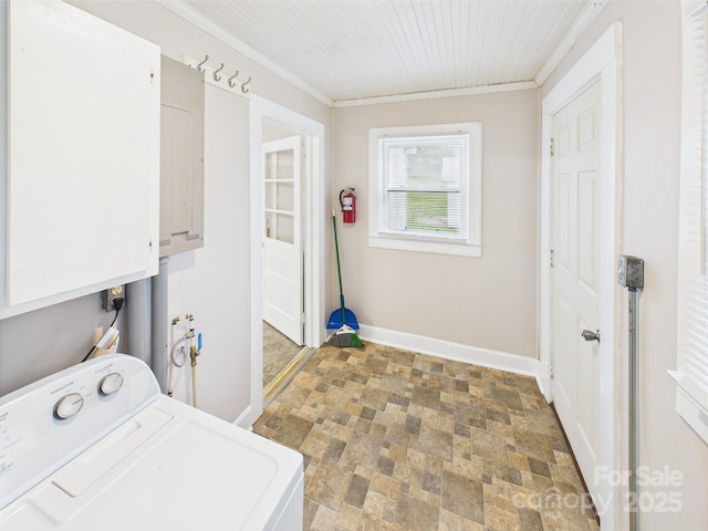 271 NC-16 Hwy N, Taylorsville, NC 28681 - laundry area featuring washer / dryer, cabinet space, crown molding, stone finish floors, and baseboards