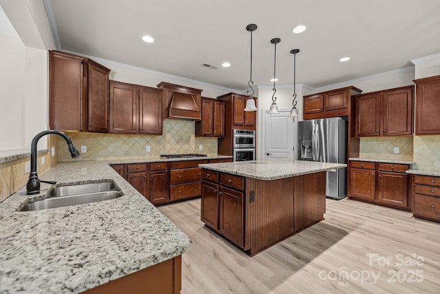 10508 Kristens Mare Dr, Charlotte, NC 28277 - kitchen featuring appliances with stainless steel finishes, custom exhaust hood, a sink, decorative backsplash, and a kitchen island